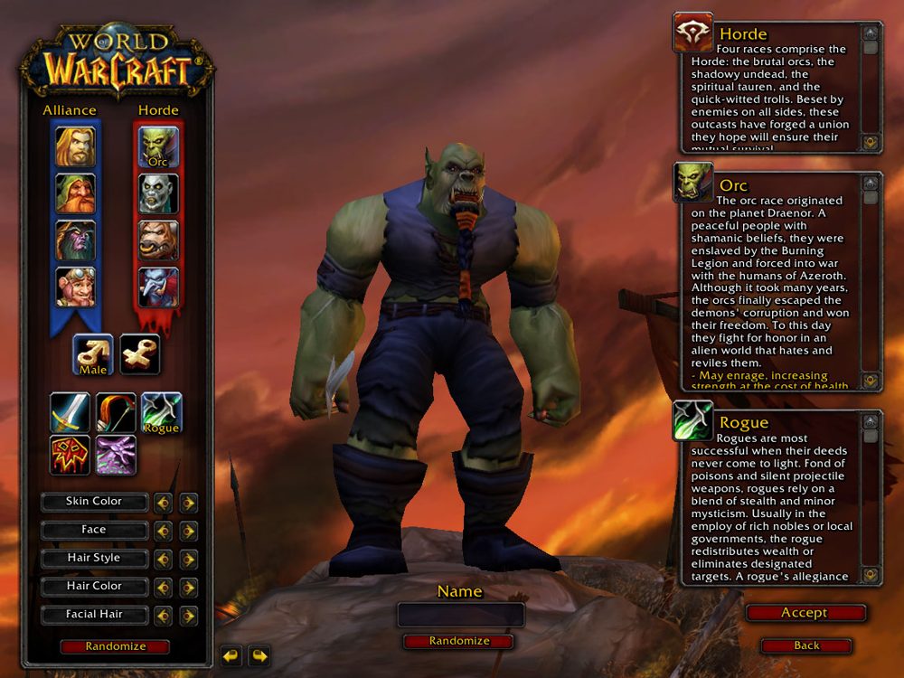 Original World of Warcraft character creation screen: faction, race and class selection (Orc Rogue)