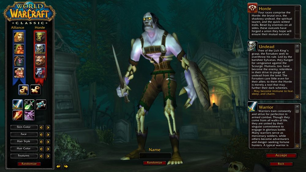 WoW Classic character creation screen: Undead Warrior, the race blurb notes immunity to fear, sleep and charm
